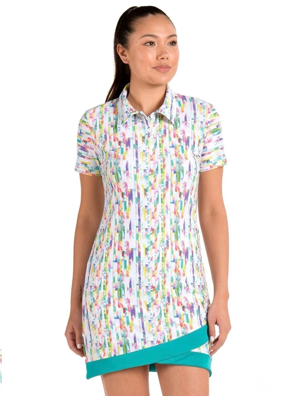 Swing Dish Golf White Multicolor Printed Polo Dress with Teal Hem